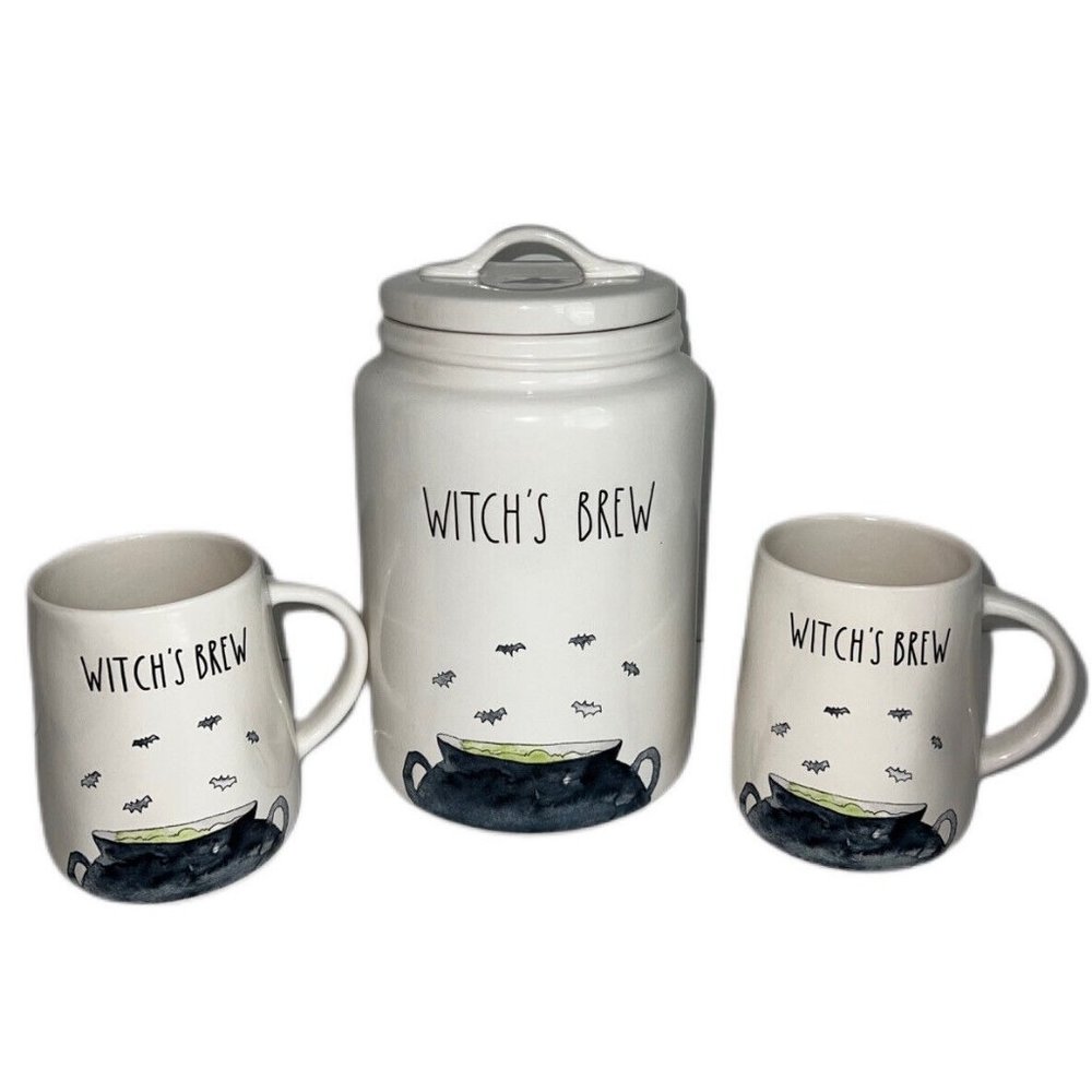 NWT Rae Dunn Artisan Collection WITCH'S BREW Canister & 2 Coffee Mugs Halloween